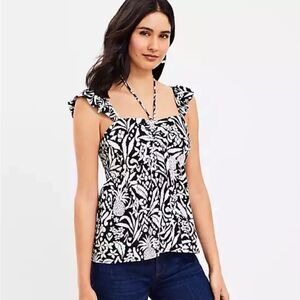 Ann‎ Taylor Loft Top Tank Sleeveless Women M Floral Black White Tropical Halter